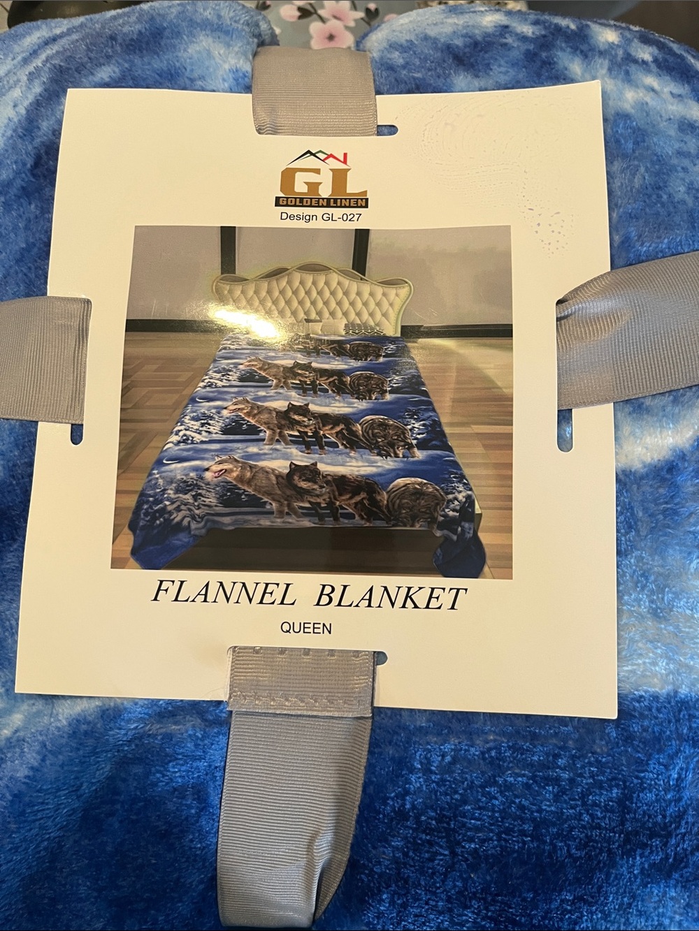 Blue Flannel with a wolf pattern. Blanket - Soft Queen Bedding
